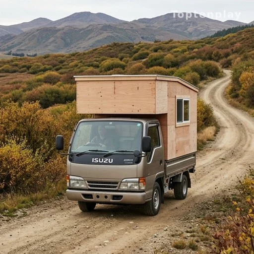 Mini-fourgon japonais avec cellule habitable en bois sur plateau arrière