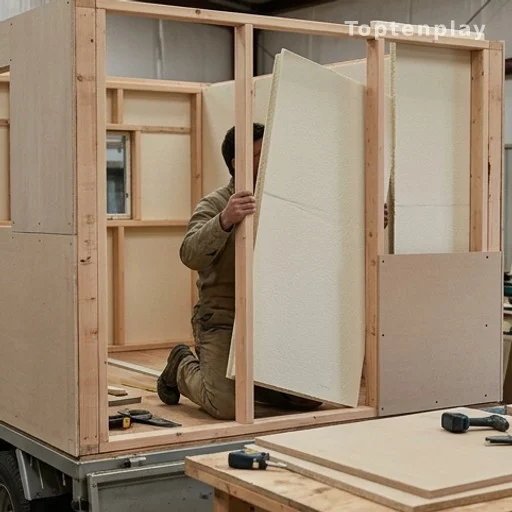 Assemblage de panneaux en bois légers et mousse isolante pour cellule de camping-car