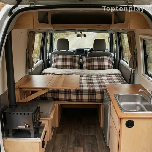 Intérieur miniature d'un camping-car avec lit escamotable et poêle à bois