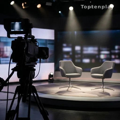 Plateau de télévision vide avec fauteuils de présentateur avant une rentrée