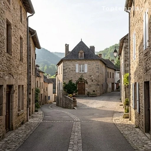 Place d'un petit village du Gers aux bâtiments en pierre sous la lumière matinale