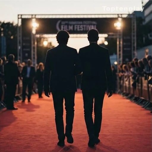 Deux silhouettes bras dessus bras dessous à l'entrée d'un festival de cinéma