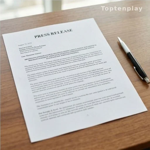Communiqué de presse posé sur un bureau, stylo à côté
