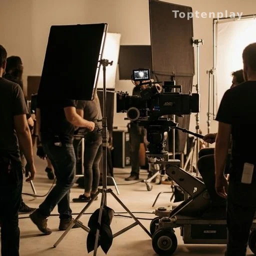 Plateau de tournage avec équipe technique et matériel cinématographique