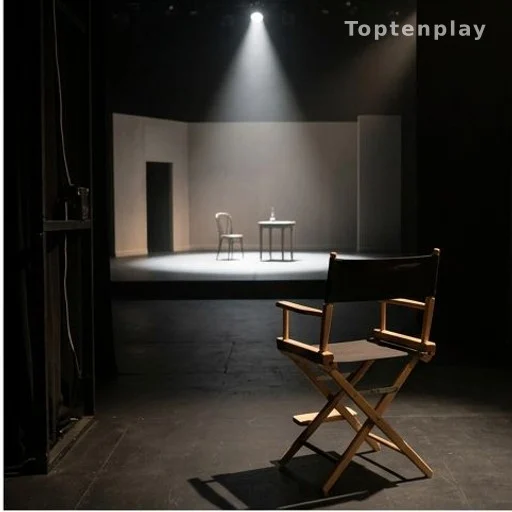 Scène de théâtre éclairée vue depuis les coulisses, chaise de metteur en scène au premier plan