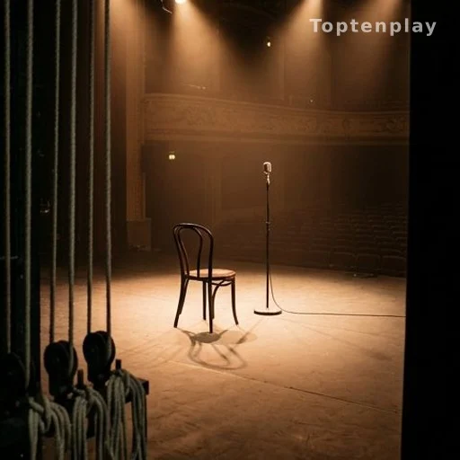 Scène de théâtre éclairée par des projecteurs, chaise et micro au centre