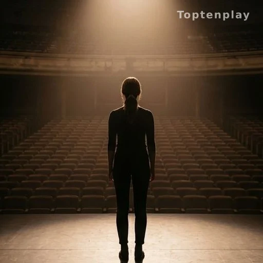 Silhouette d'une femme de dos sur une scène de théâtre face à une salle vide