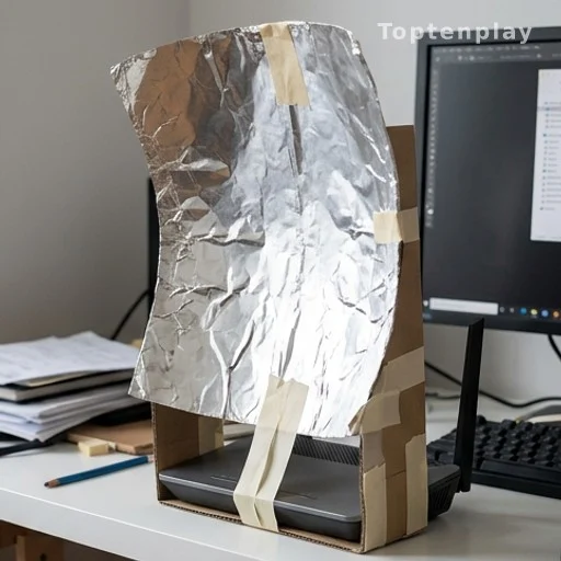Feuille d'aluminium courbée en parabole posée derrière une box internet