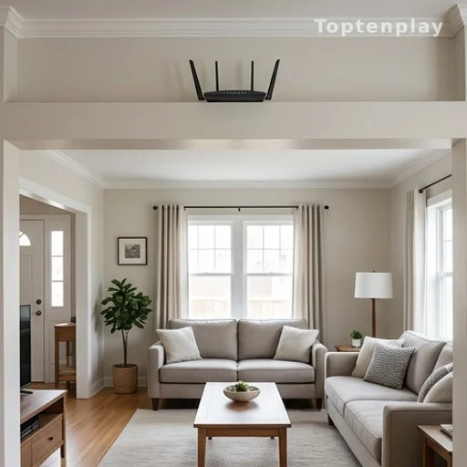 Box internet positionnée en hauteur au centre d'un salon pour optimiser la couverture Wi-Fi